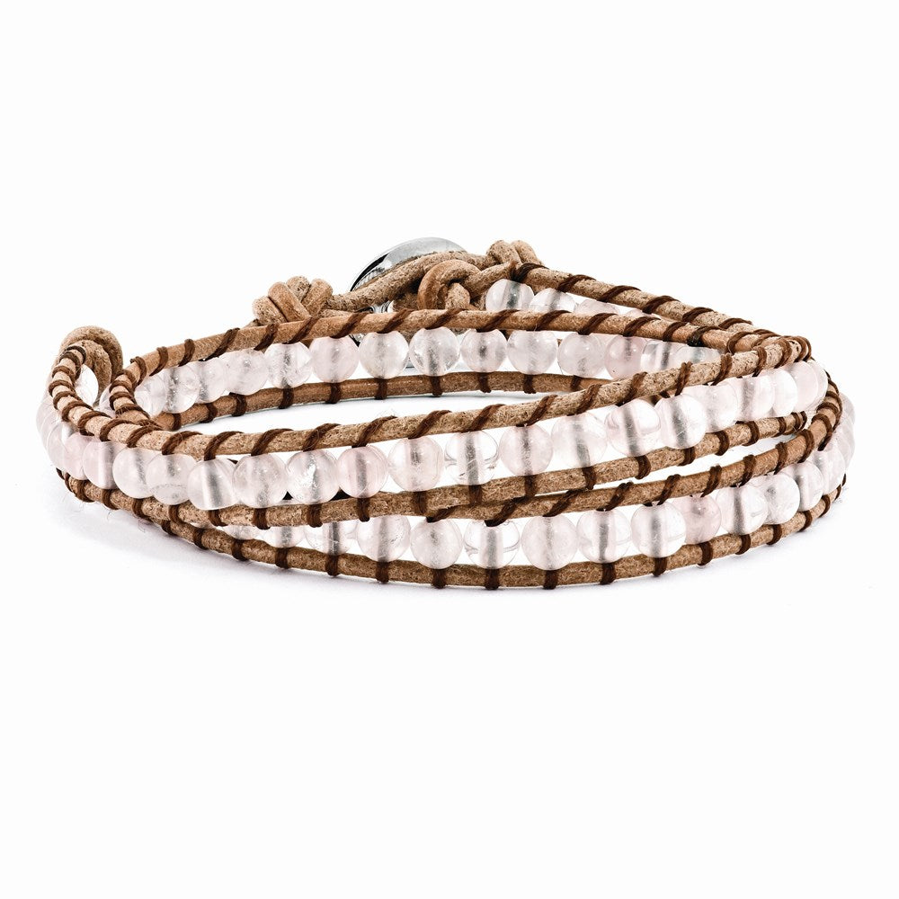 Rose Quartz Beads Leather Cord Multi Wrap Bracelet