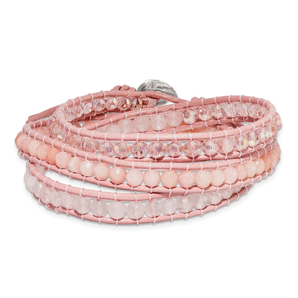Rose/Pink Quartz and Crystal Beaded with Pink Leather Cord Plus Multi-wrap Bracelet