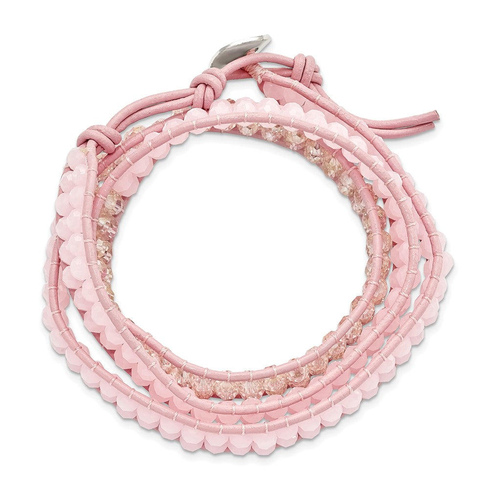 Rose Quartz Beaded with Pink Leather Cord Plus Multi-wrap Brass Button Bracelet