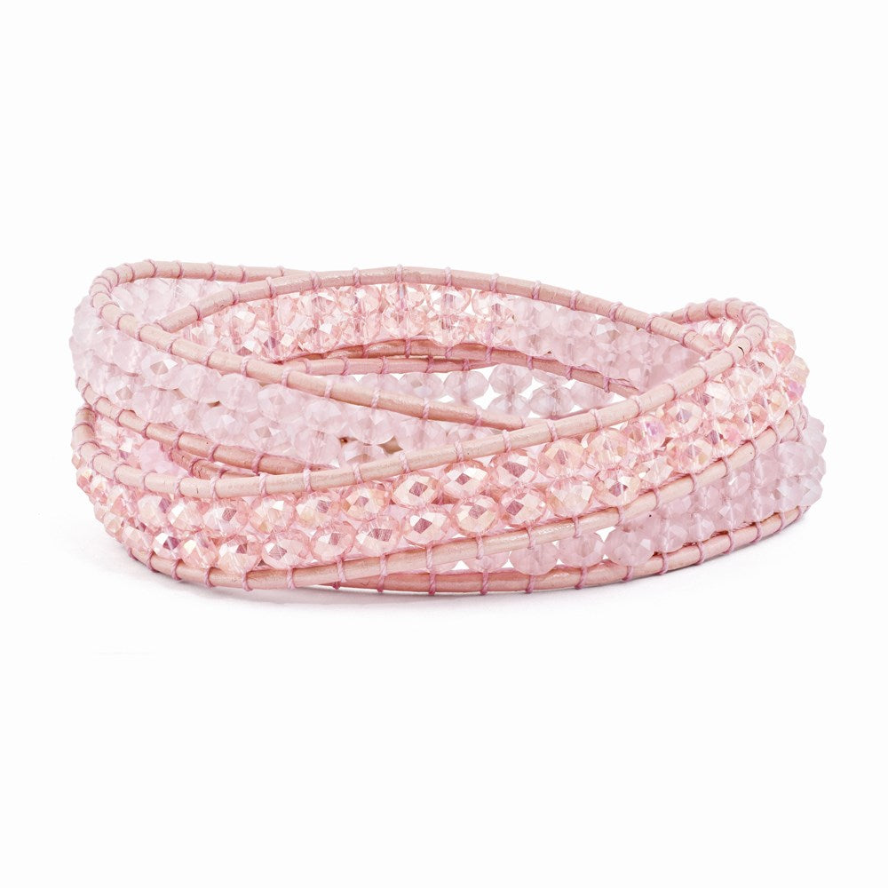 Rose Quartz Beaded with Pink Leather Cord Plus Multi-wrap Brass Button Bracelet