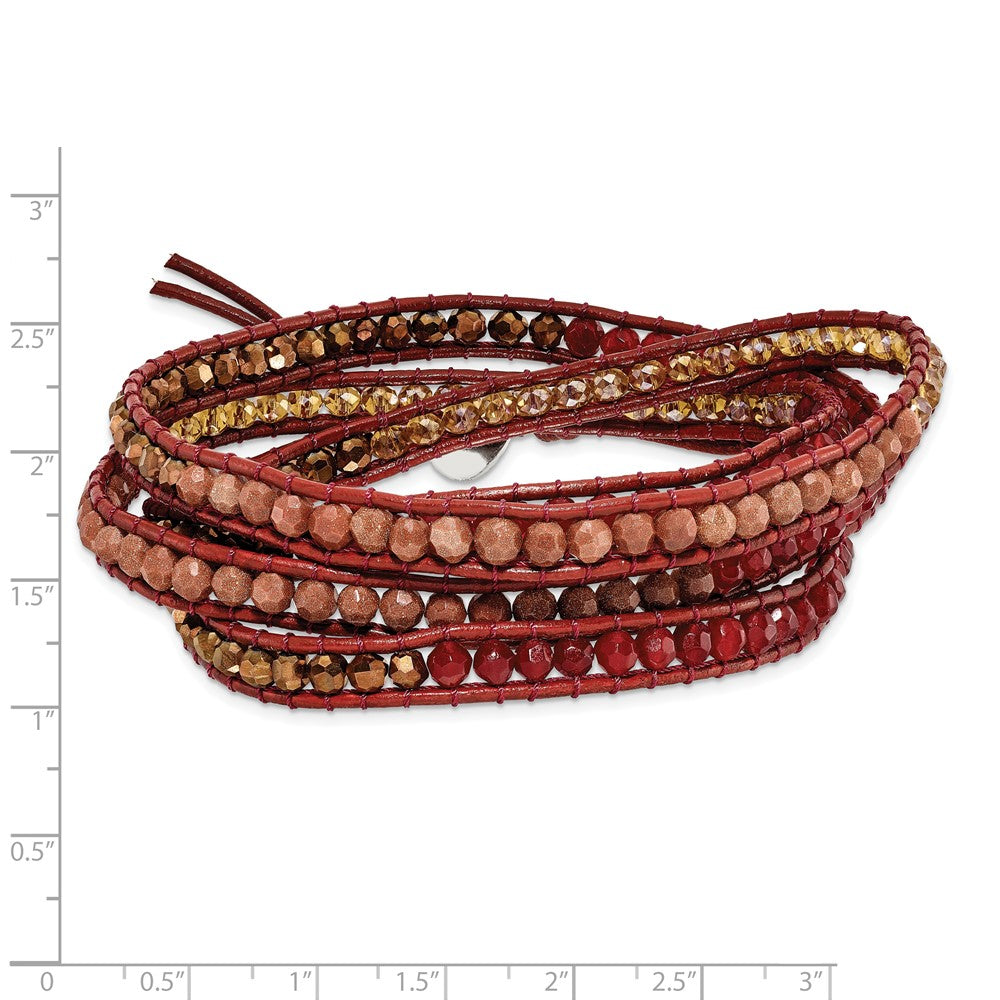 Crystal/Red Quartz/Red Sandstone Beaded with Leather Cord Plus Multi-wrap Bracelet