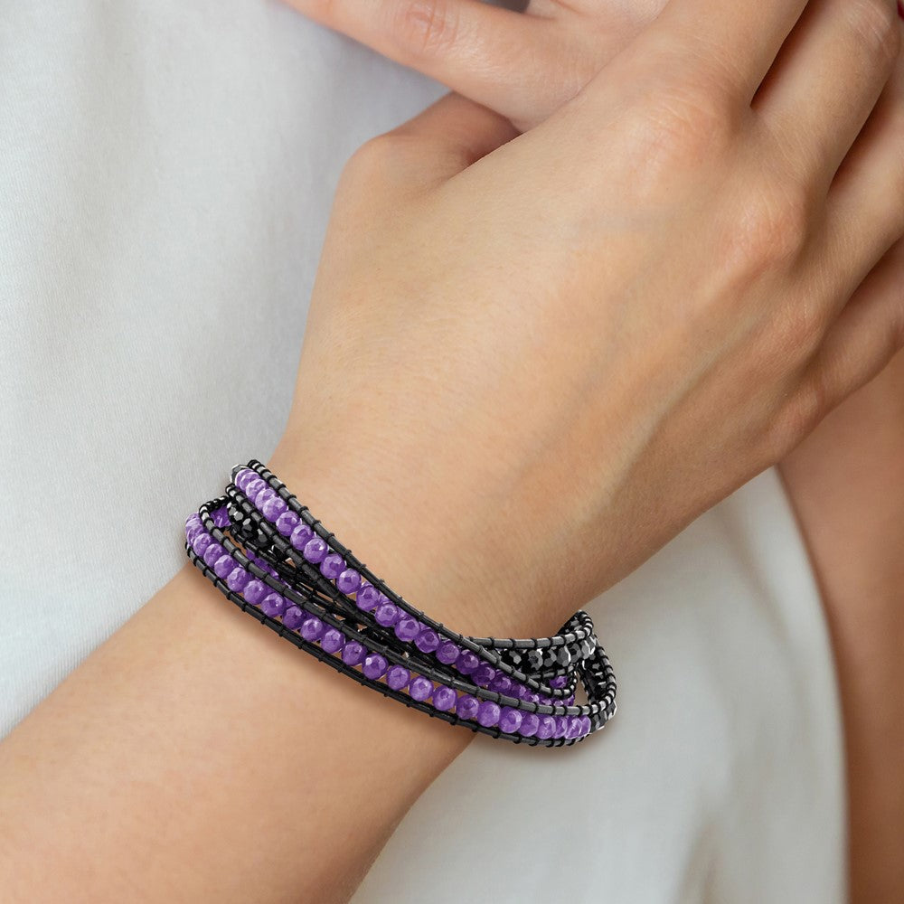 Black Crystal/Purple Quartz Beads with Black Leather Cord Plus Multi-wrap Bracelet