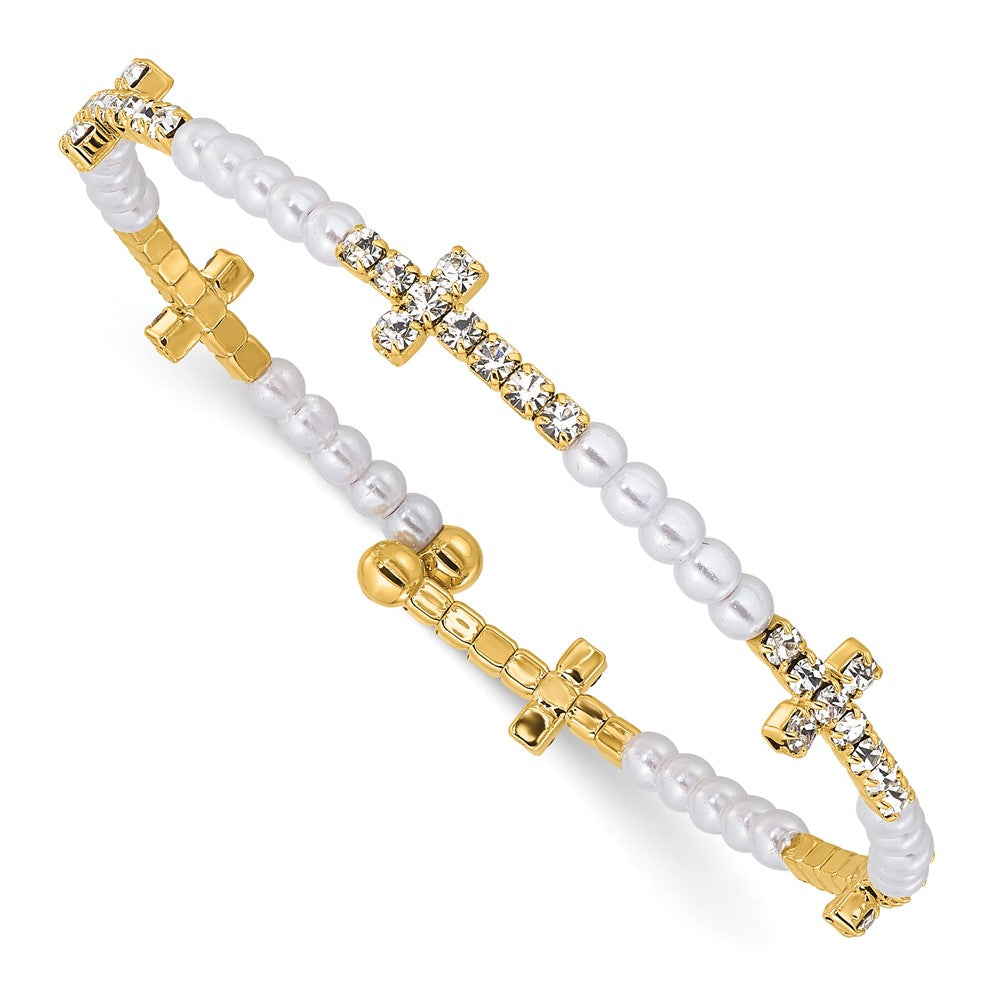 Flash Gold-tone Imitation Acrylic Pearl/Crystal Cross Flexible Bangle