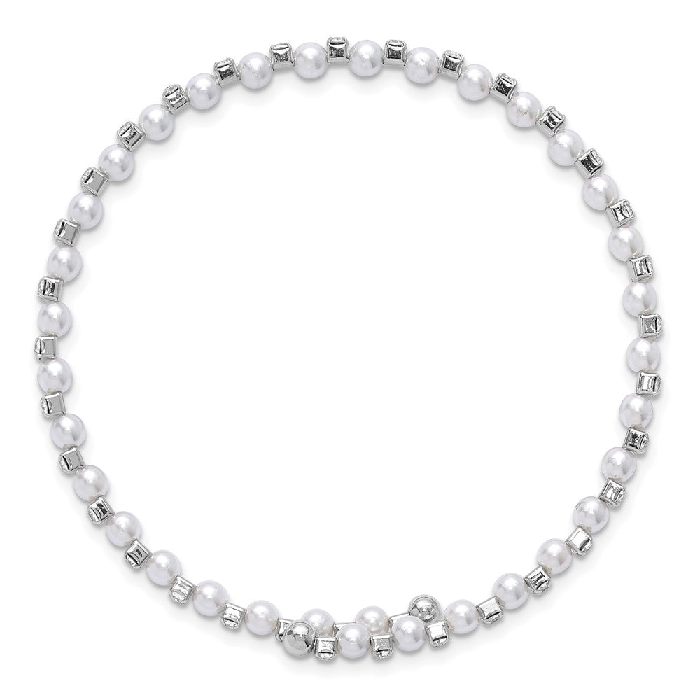 Silver-tone Imitation Acrylic Pearl & Crystal Flexible Bangle