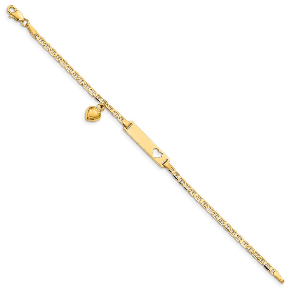 14k Polished Solid Chain/Solid Plate Cut-out Heart with Heart Dangle Anchor Link 22x Plate ID Bracelet
