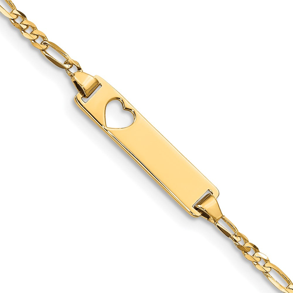 14k Polished Solid Chain/Solid Plate Figaro Link Cut-out Heart 21.4x Plate ID Bracelet