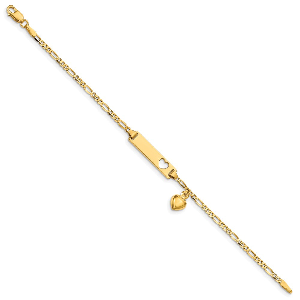 14k Polished Solid Chain/Solid Plate Cut-out Heart with Heart Dangle Figaro Link 21x Plate ID Bracelet
