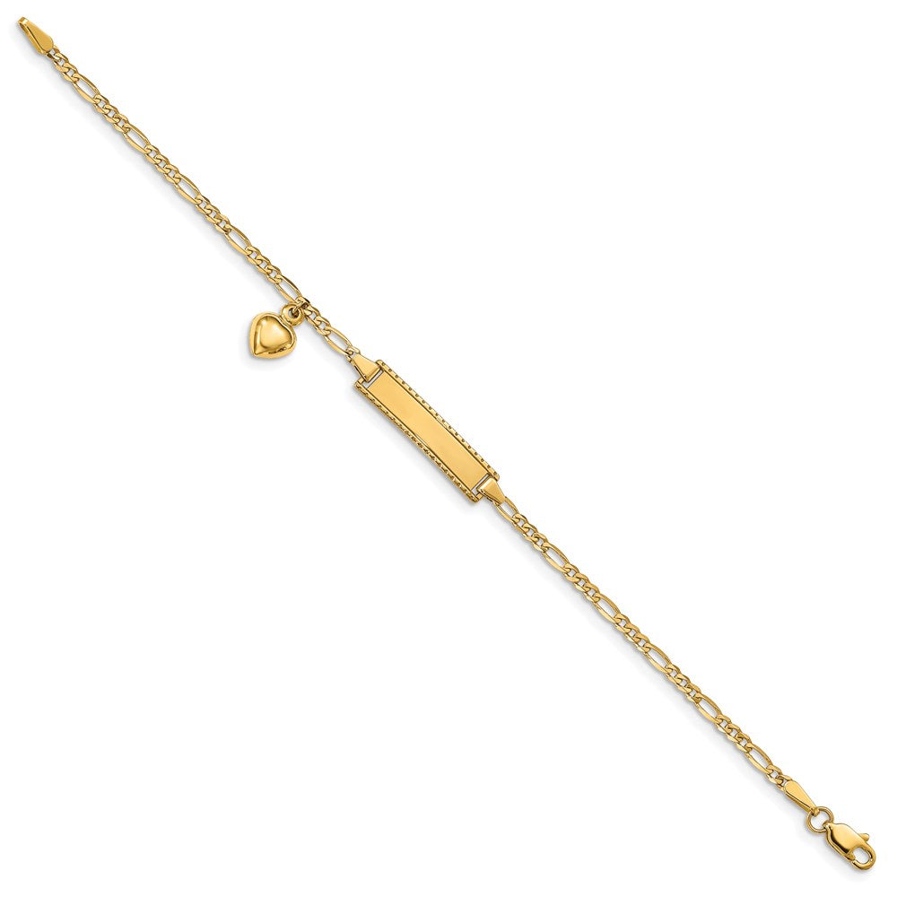 14k Polished Solid Chain/Solid Plate Heart Dangle Figaro Link 21x Plate ID Bracelet