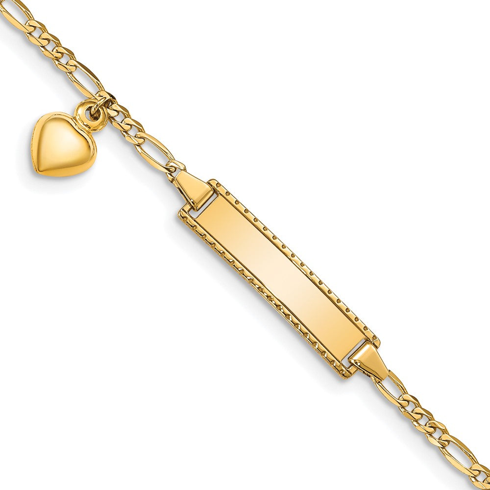 14k Polished Solid Chain/Solid Plate Heart Dangle Figaro Link 21x Plate Baby/Child ID Bracelet