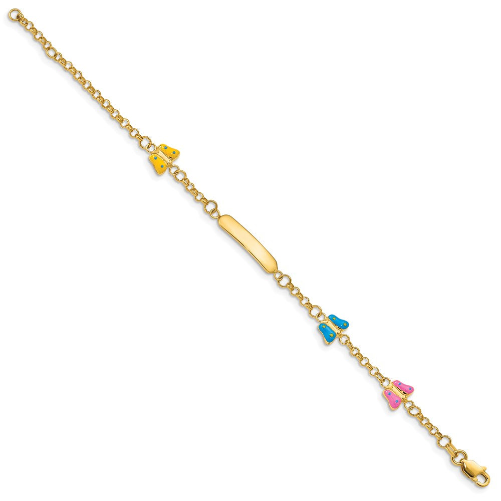 14k Polished Pink/Blue/Yellow Enamel Butterflies and 18x Plate with Extender ID Bracelet