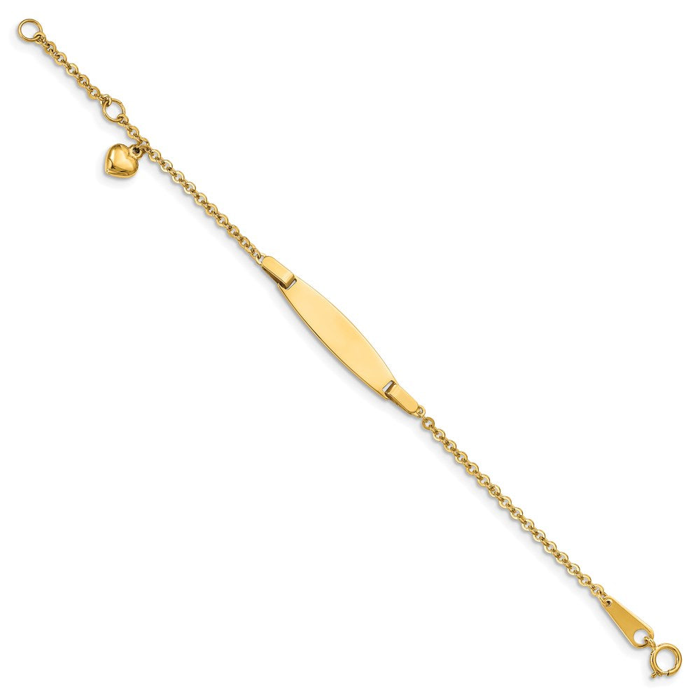 14k Polished Solid Chain/Solid Plate Heart Dangle 20x Plate ID Bracelet with Extender