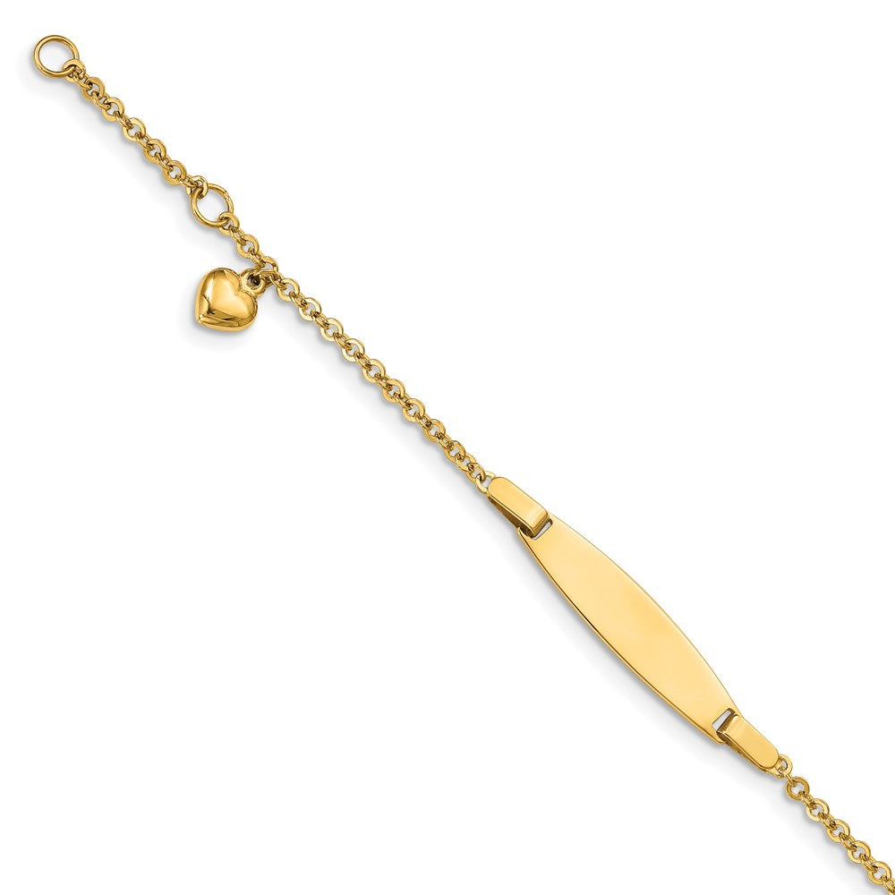14k Polished Solid Chain/Solid Plate Heart Dangle 20x Plate ID Bracelet with Extender