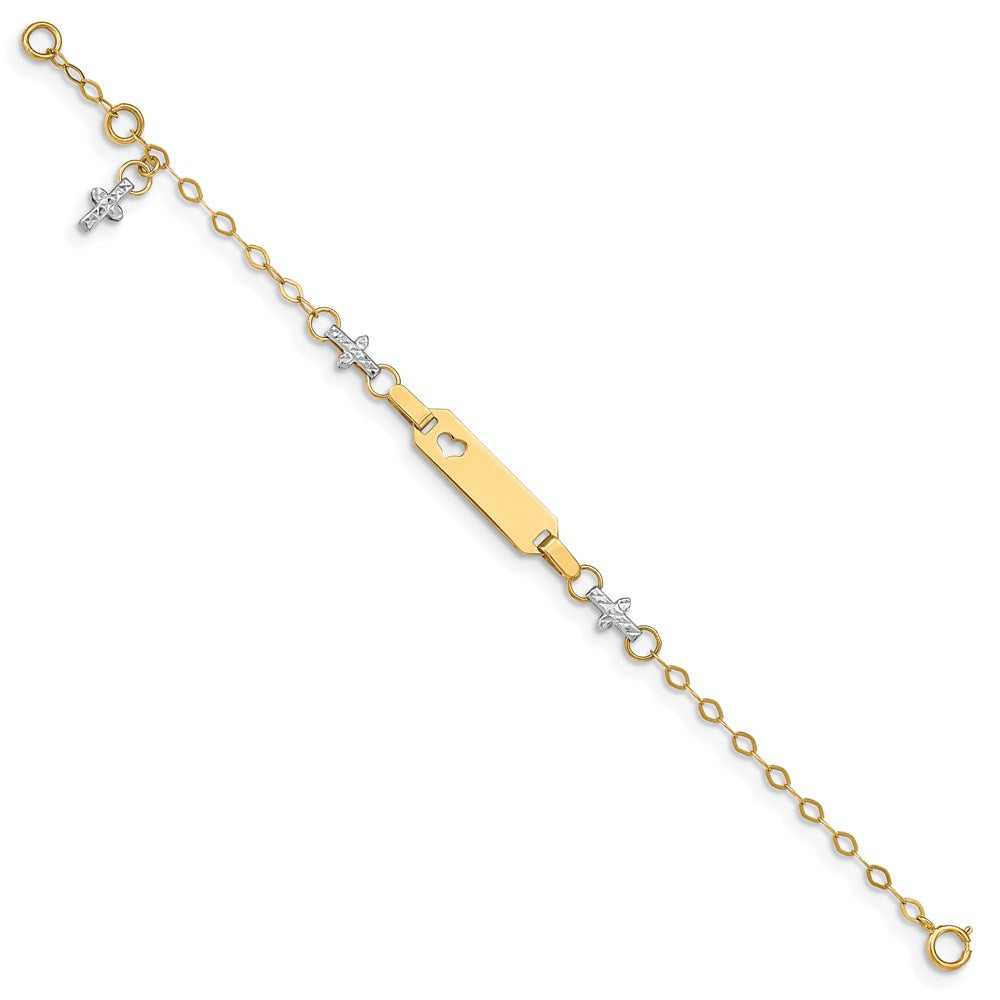 14k Two-tone Polished Textured Cross and Cut-out Heart 18x Plate with Extender ID Bracelet