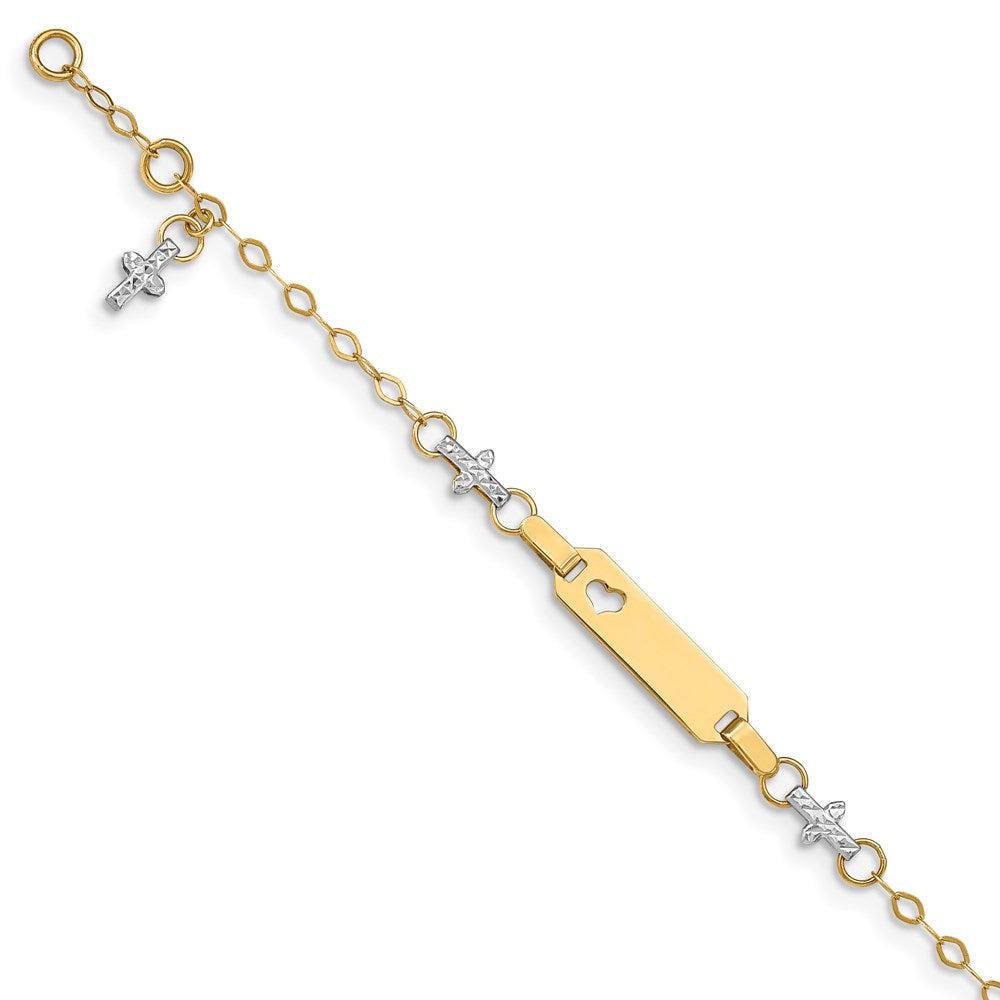 14k Two-tone Baby Polished and Textured Cross w/ ext. ID Bracelet