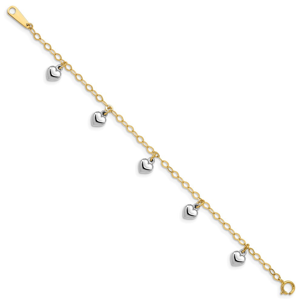 14k Two-tone Polished Dangle Puffed Heart Baby Bracelet
