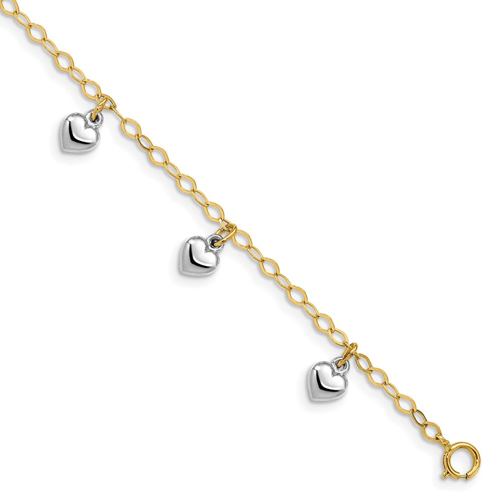 14k Two-tone Polished Dangle Puffed Heart Baby Bracelet