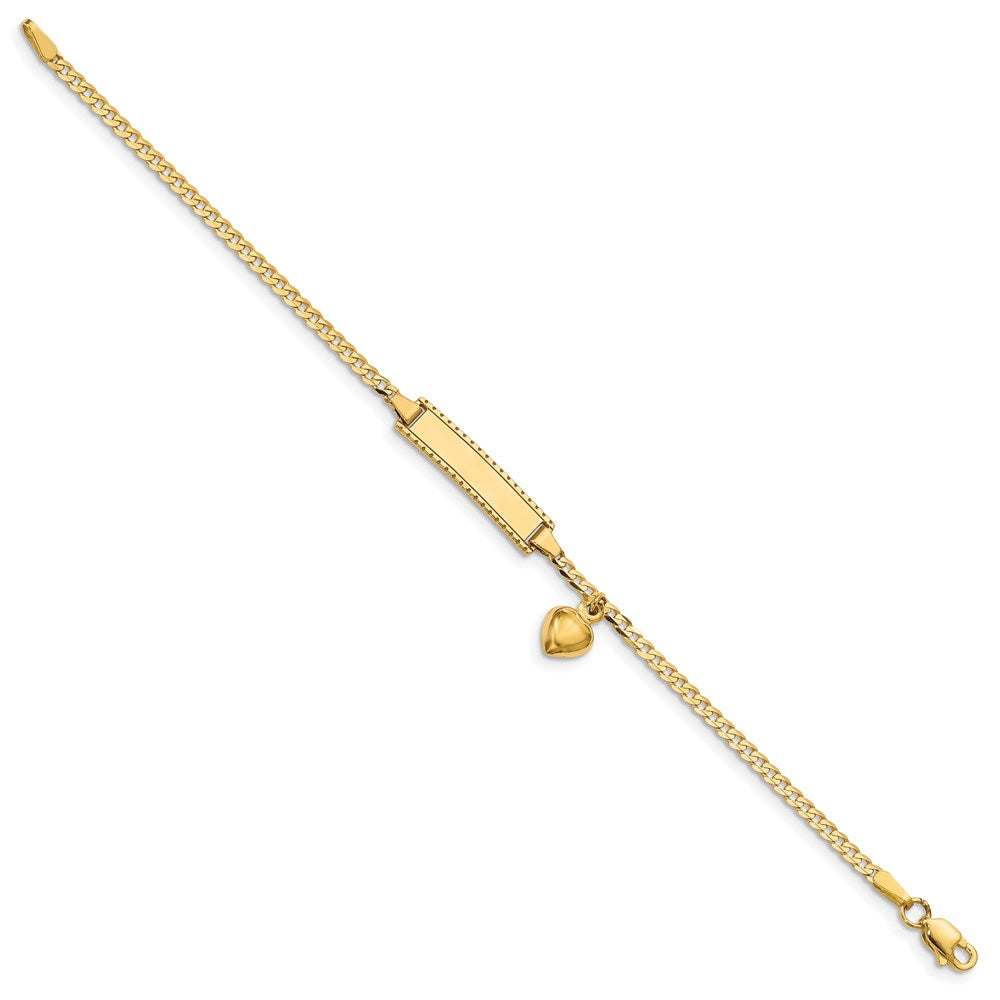 14k Polished Solid Chain/Solid Plate Heart Dangle Curb Link 21x Plate ID Bracelet
