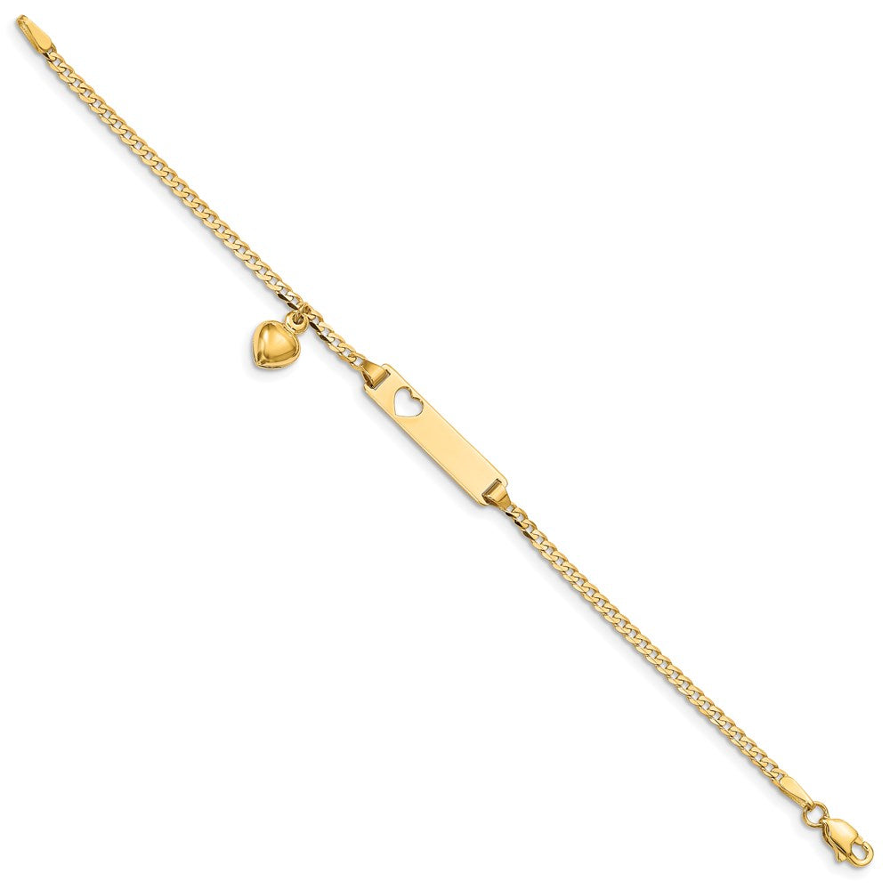 14k Polished Solid Chain/Solid Plate Cut-out Heart with Heart Dangle Curb Link 21x Plate ID Bracelet