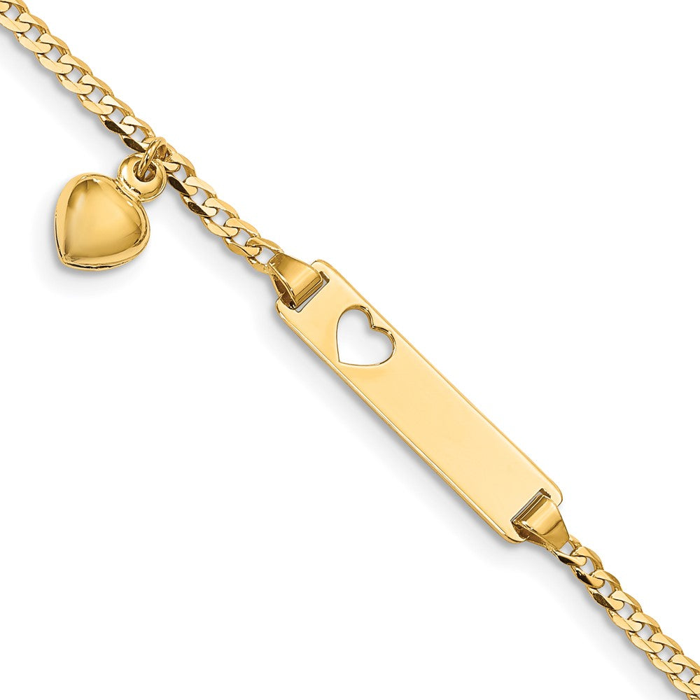 14k Polished Solid Chain/Solid Plate Cut-out Heart with Heart Dangle Curb Link 21x Plate ID Bracelet