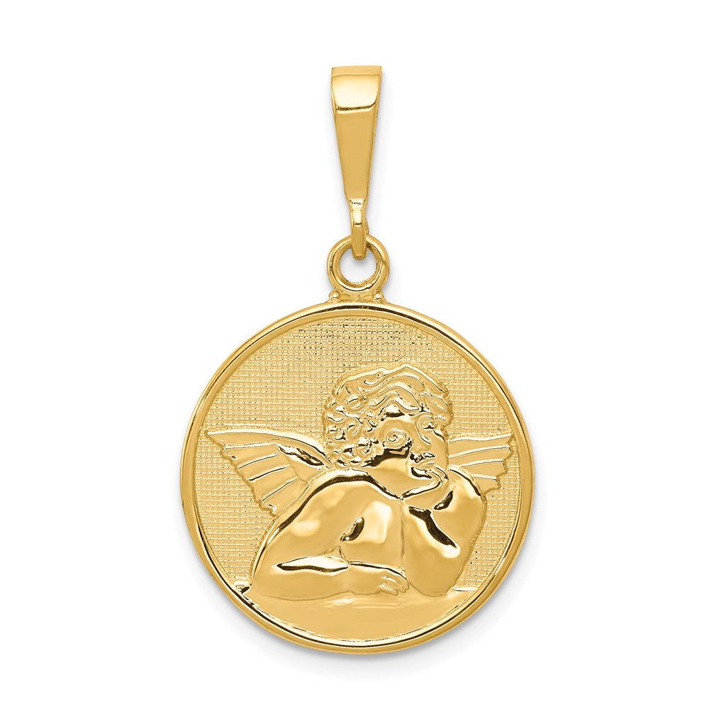 14K Polished and Satin Angel Round Pendant