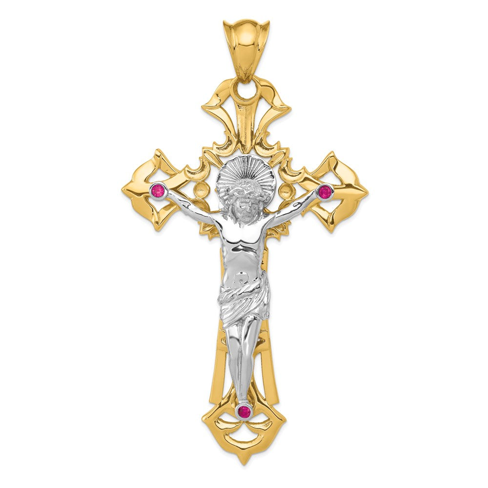 14k Two-tone Large Polished with Red CZs Crucifix Pendant