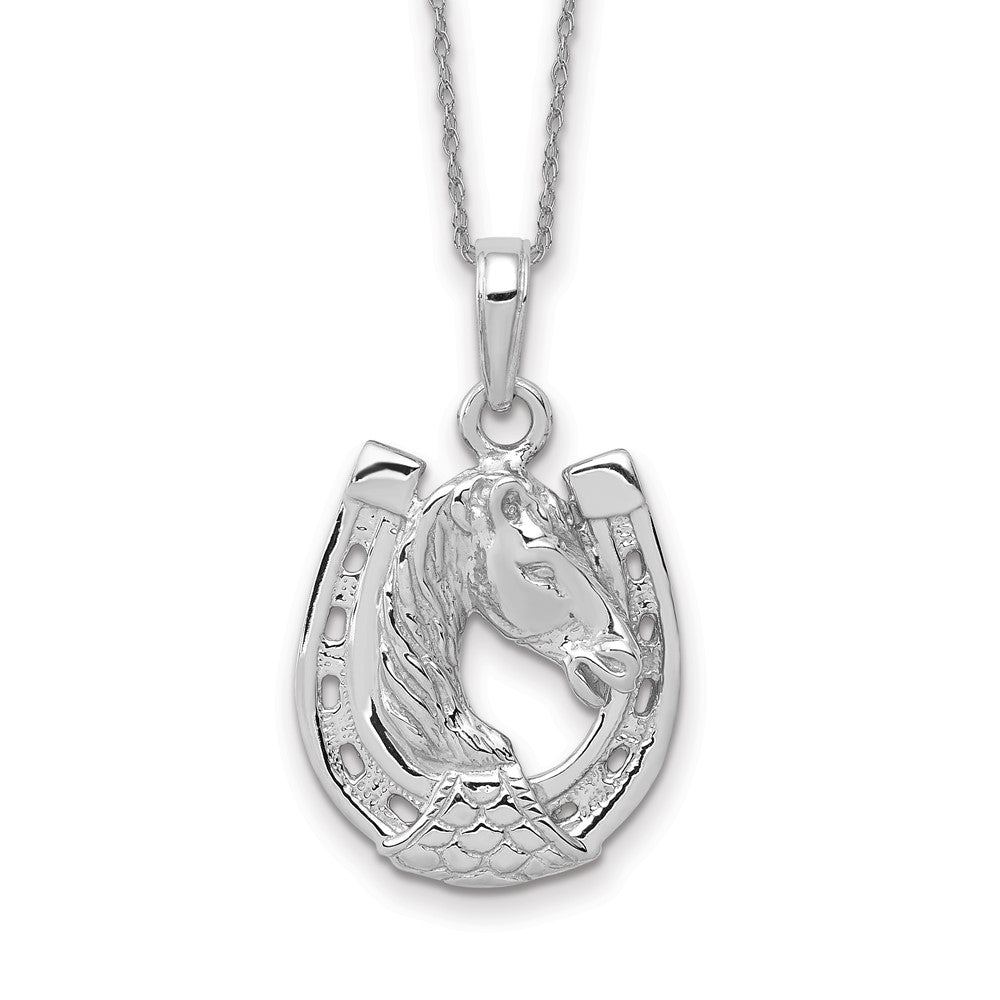 14k White Gold Solid Polished Horse Head in Horseshoe Necklace