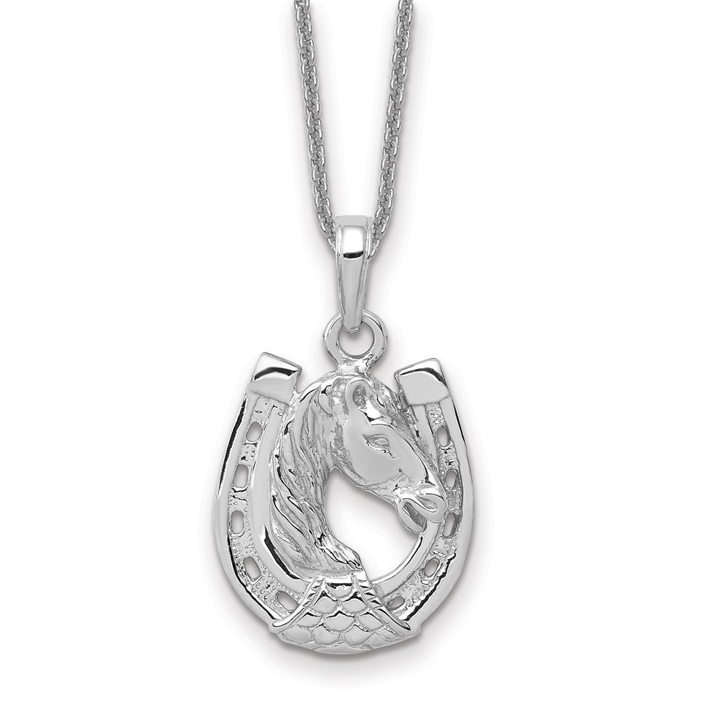 14k White Gold Solid Polished Horse Head in Horseshoe Necklace