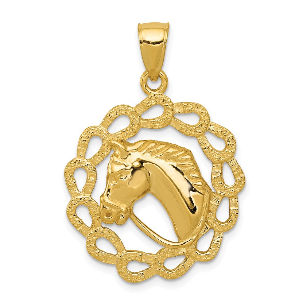 14k Solid Polished Horse Head in Horseshoe Frame Pendant