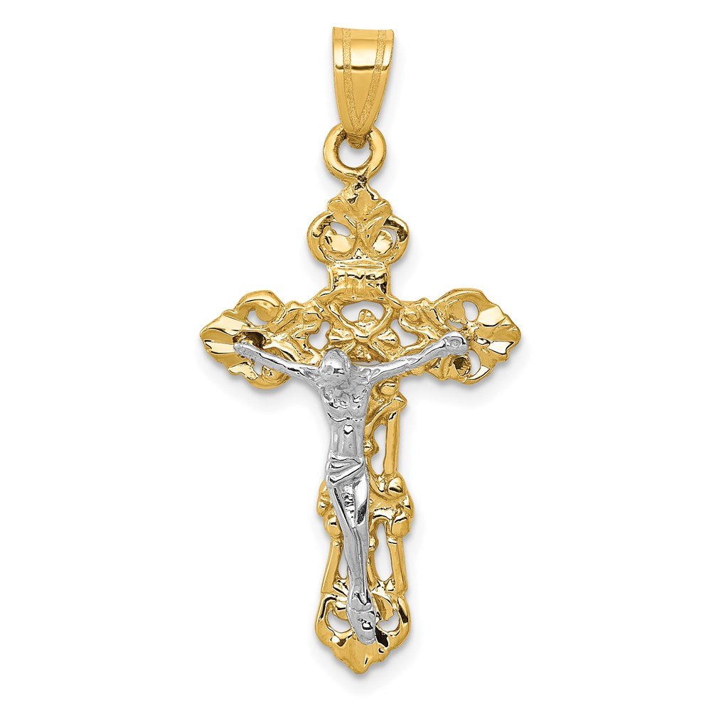 14k Two-tone Fleur De Lis Crucifix Pendant