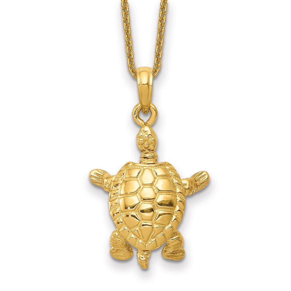 14k Solid Polished 3-D Moveable Turtle Necklace