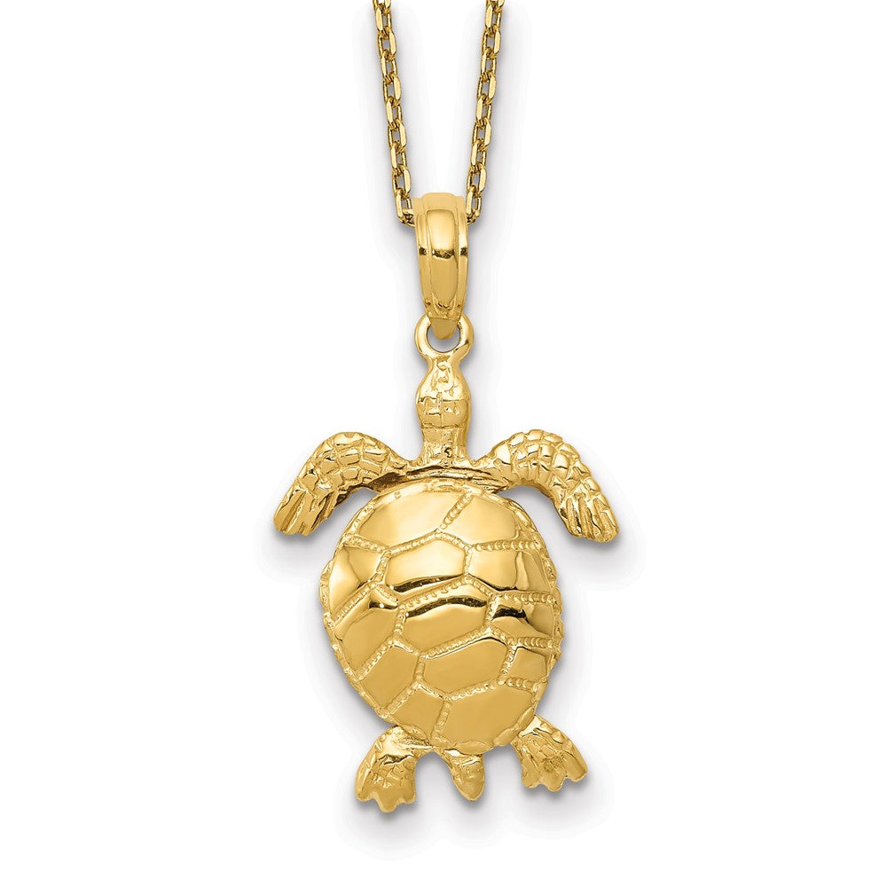 14k Solid Polished 3-D Moveable Turtle Necklace