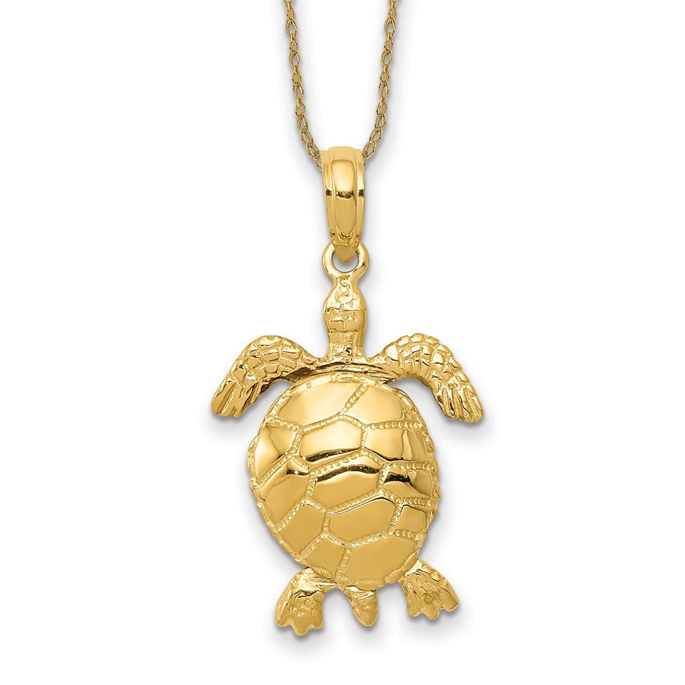 14k Solid Polished 3-D Moveable Turtle Necklace