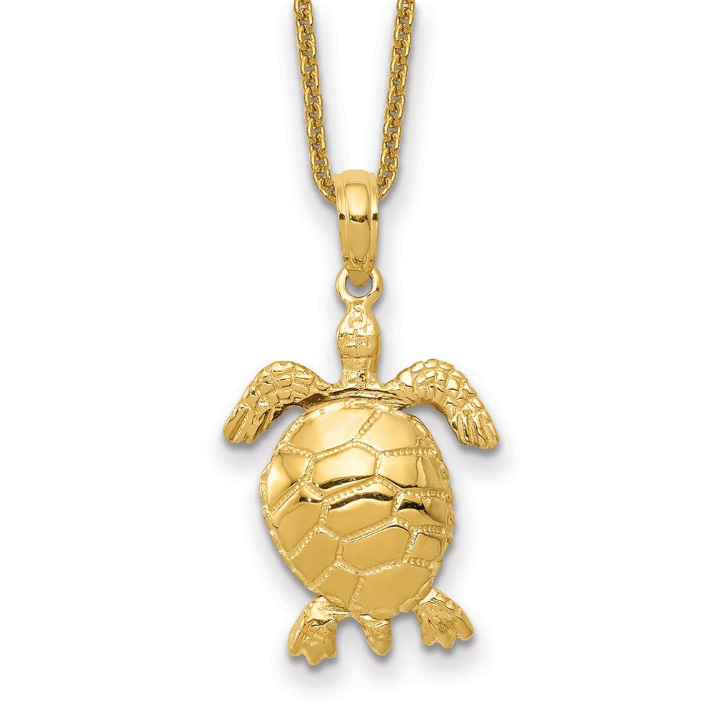 14k Solid Polished 3-D Moveable Turtle Necklace