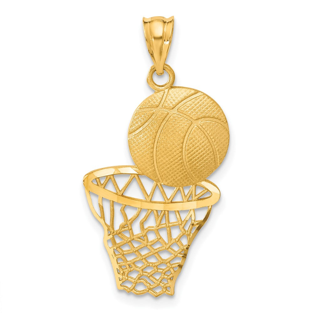 14K Satin Diamond-Cut Basketball and Net Pendant