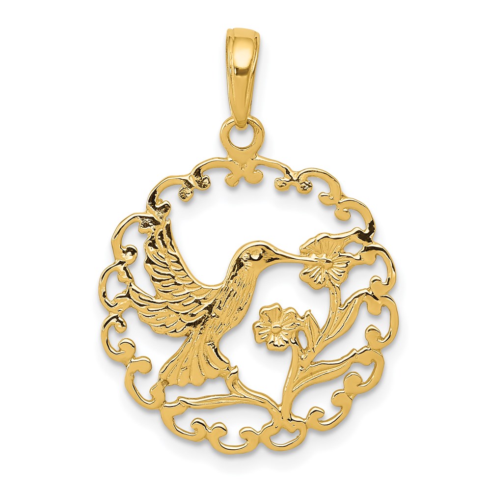 14K Hummingbird in Round Frame Pendant