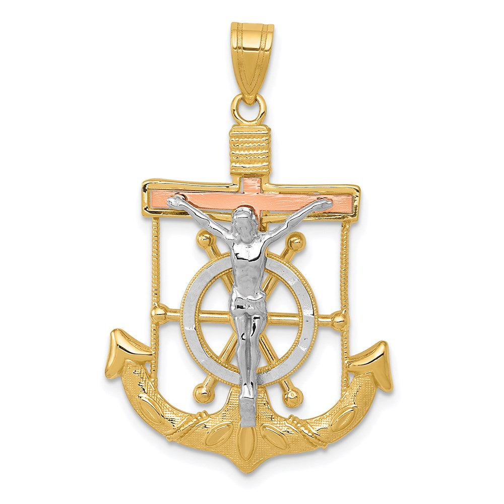 14k Tri-color Diamond-cut w/Textured Mariner's Cross Pendant