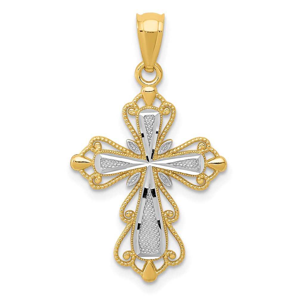 14k w/Rhodium Diamond Cut Cross Pendant