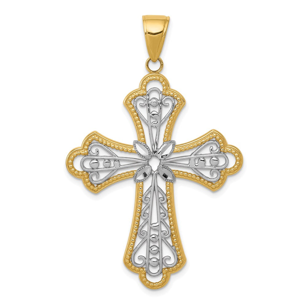 14K w/Rhodium Diamond-cut Filigree Cut-out Cross Pendant