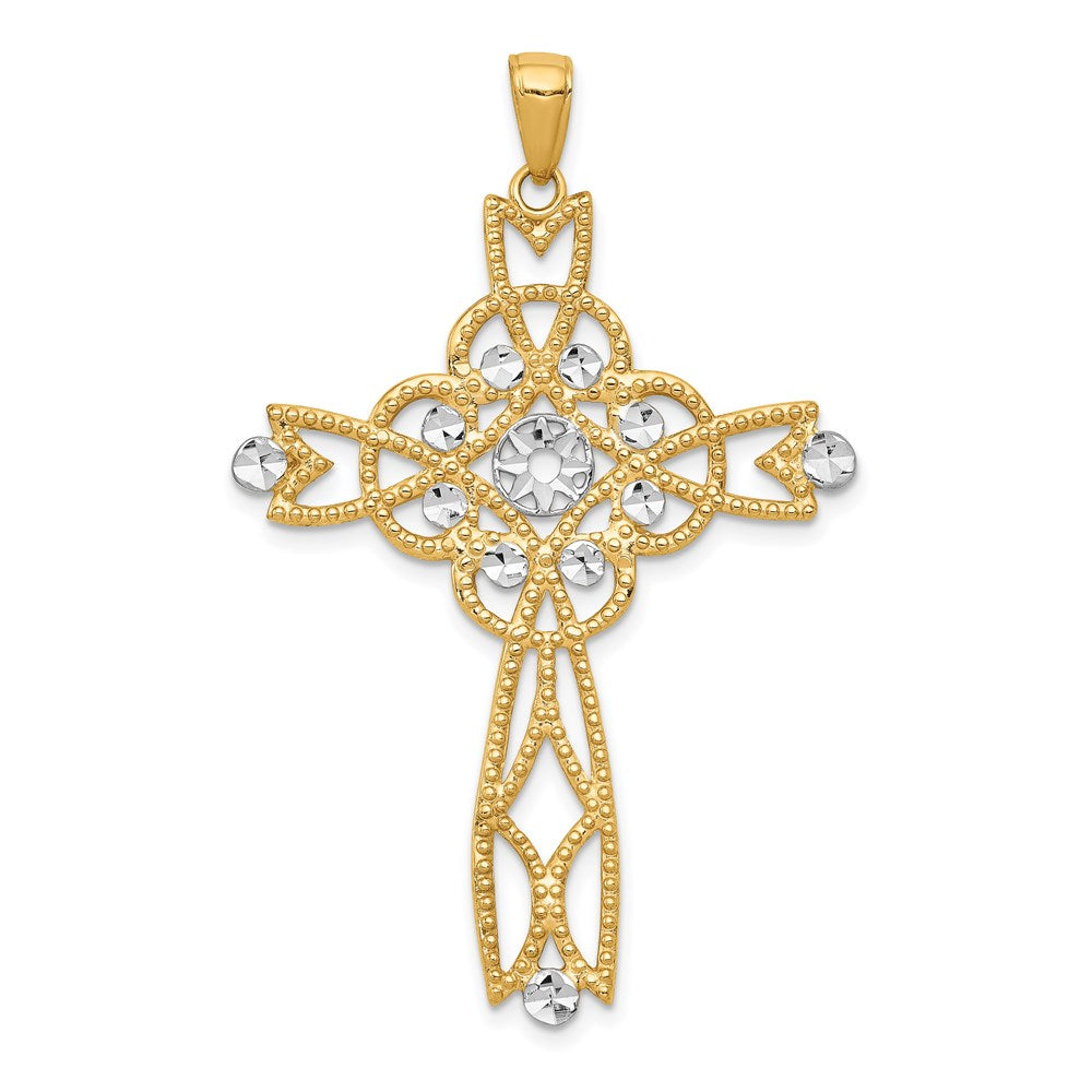 14K w/Rhodium Diamond-cut Beaded Trim Infinity Cross Pendant