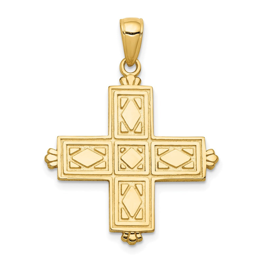 14K Etched Square Cross w/Crown Tips Pendant