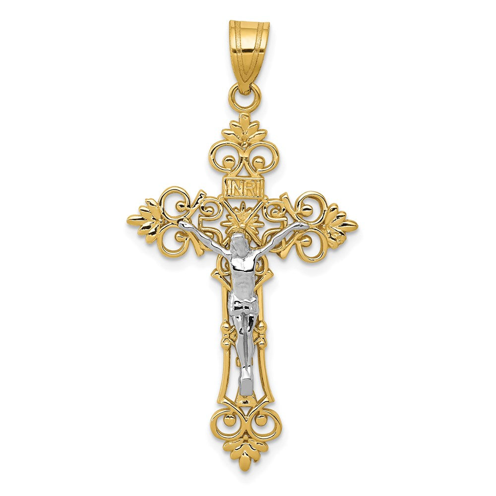 14K Two-Tone Large Lacy-Edge Inri Crucifix Pendant