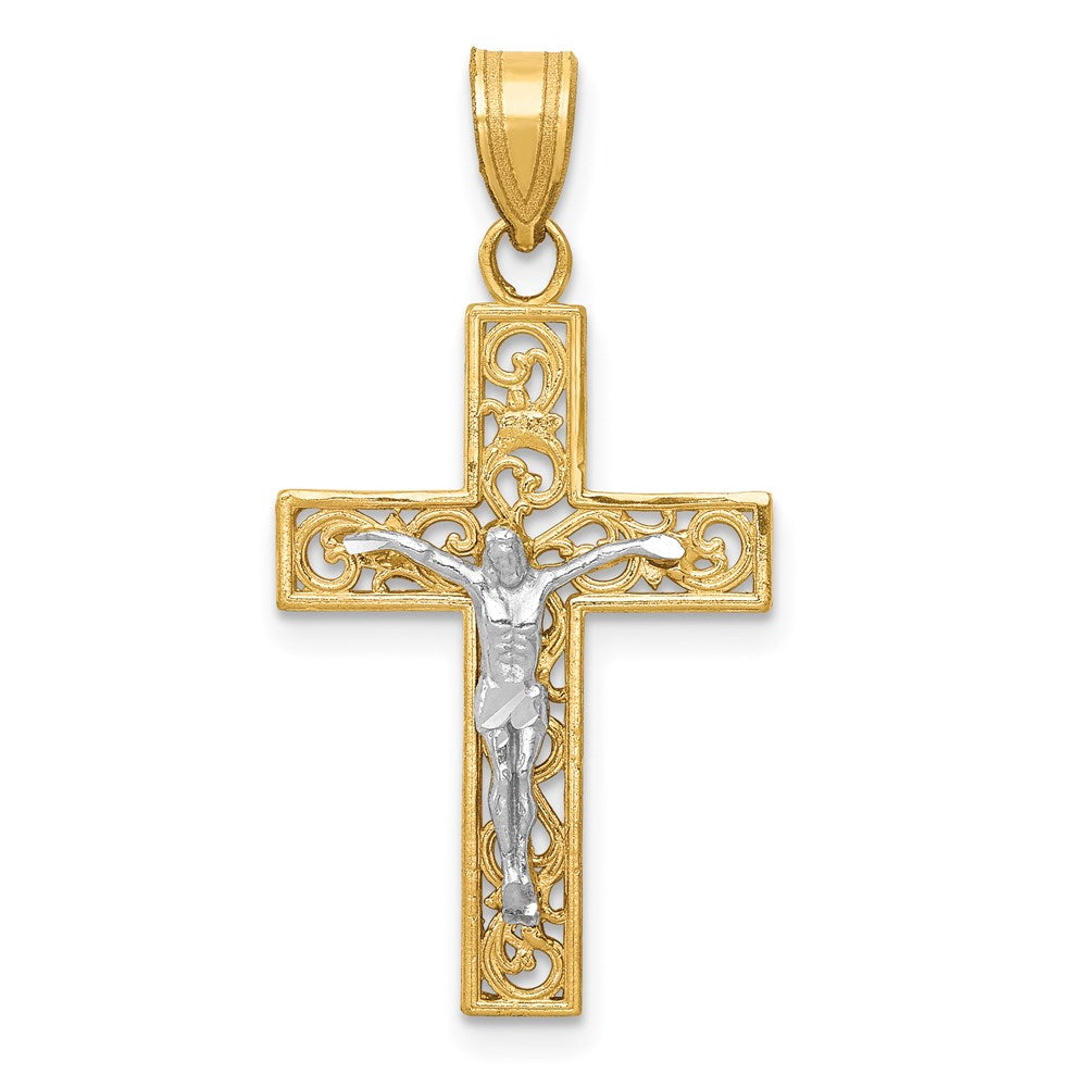 14K Two-Tone D/C Small Block Filigree Crucifix Pendant