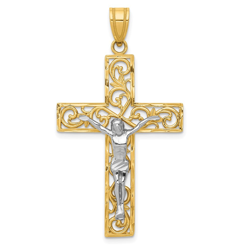 14K Two-Tone D/C Large Block Filigree Crucifix Pendant