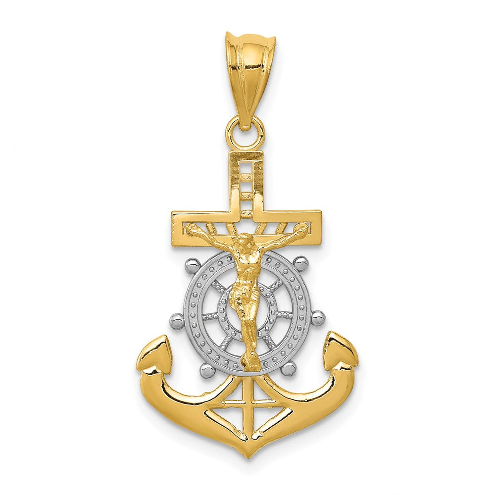 14k w/Rhodium Diamond-cut Mariners Cross Pendant