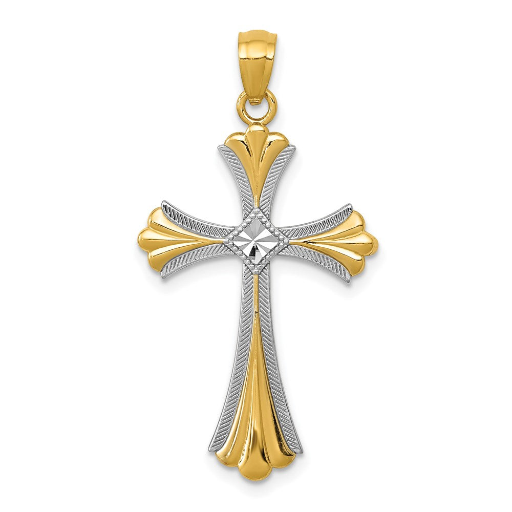 14K Diamond-Cut Rhodium Budded Cross Pendant