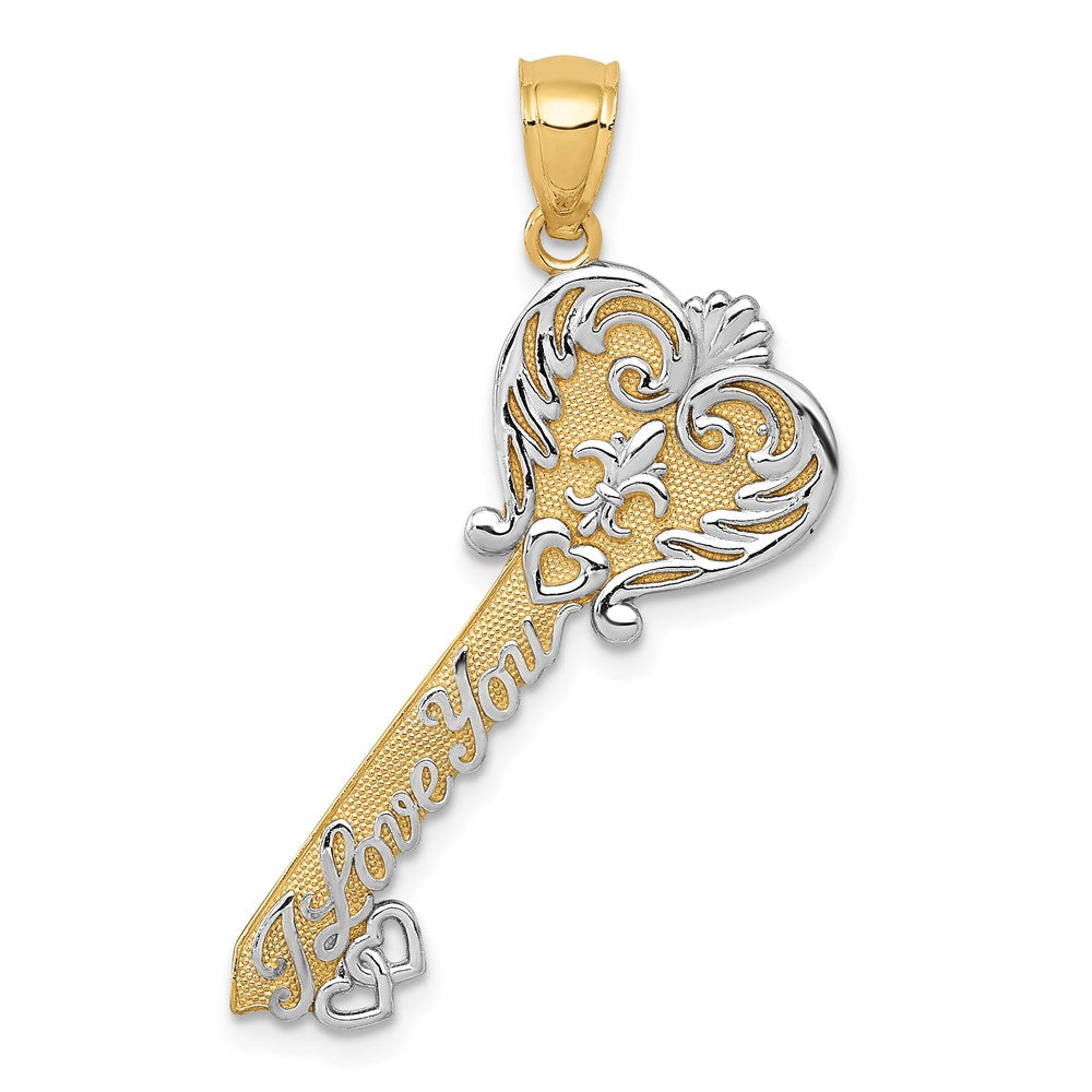 14K w/White Rhodium Polished I LOVE YOU Filigree Heart Key Charm