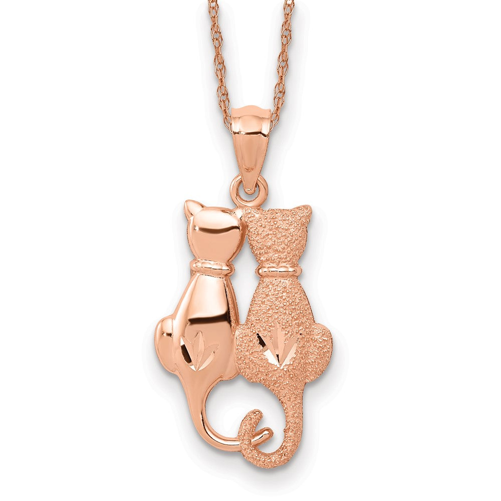 14k Rose Gold Polished and Textured Sitting Cats Pendant w/ chain