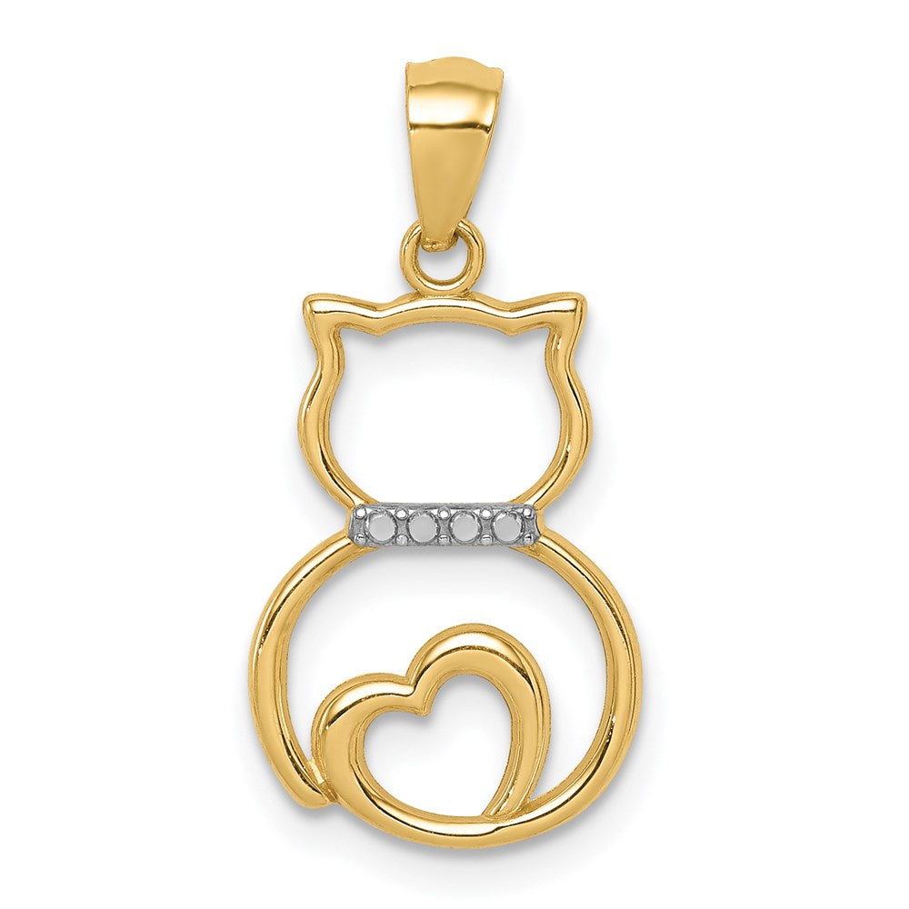 14k and White Rhodium Diamond-cut Sitting Cat with Heart Pendant