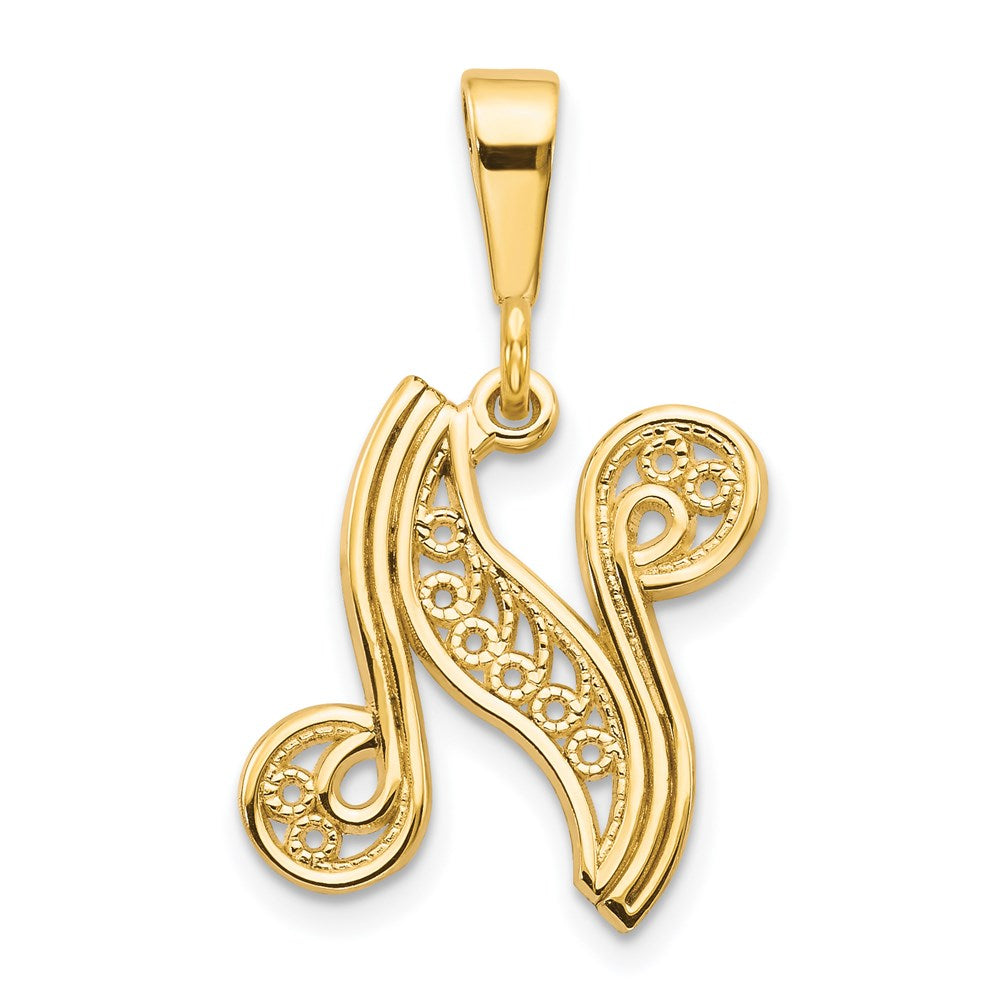 14KY Polished Script Filigree Letter N Initial Pendant