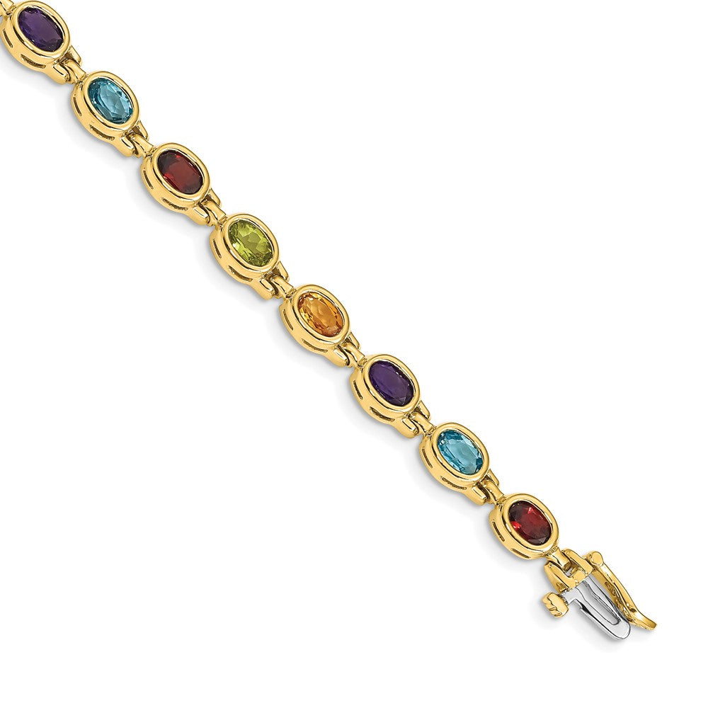 14k Complete Oval Garnet/Peridot/Citrine/Amethyst/Sky Blue Topaz Bezel-set Rainbow Bracelet